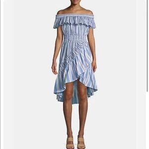 MISA Los Angeles Marin Blue White Stripe Off Shoulder Ruffle High Low Dress